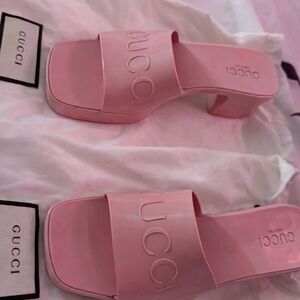 Gucci Pink Embossed Logo Block Heel Slide Mules
